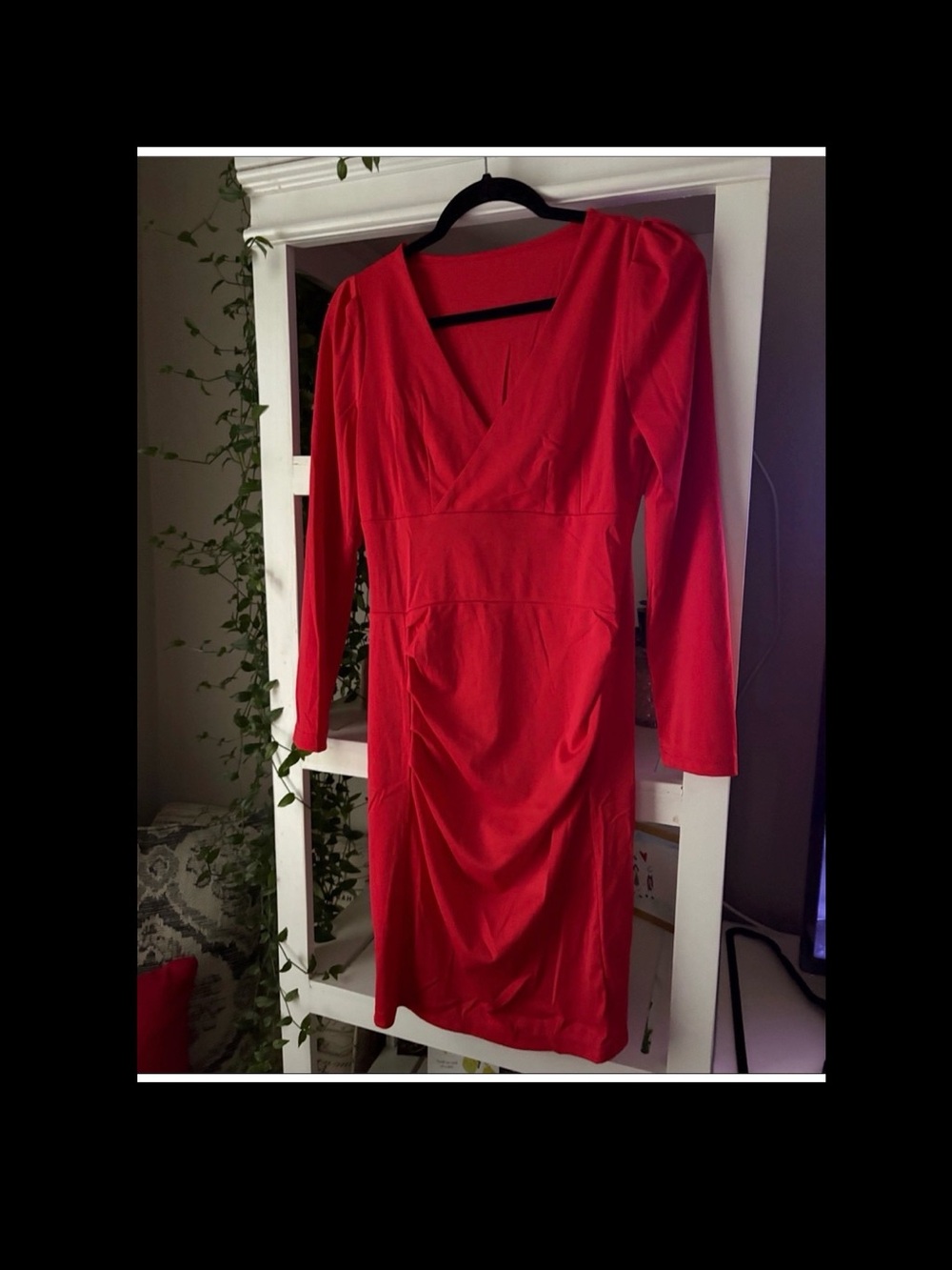 Source Unknown Red V-Neck Midi Dress with Long Sleeves